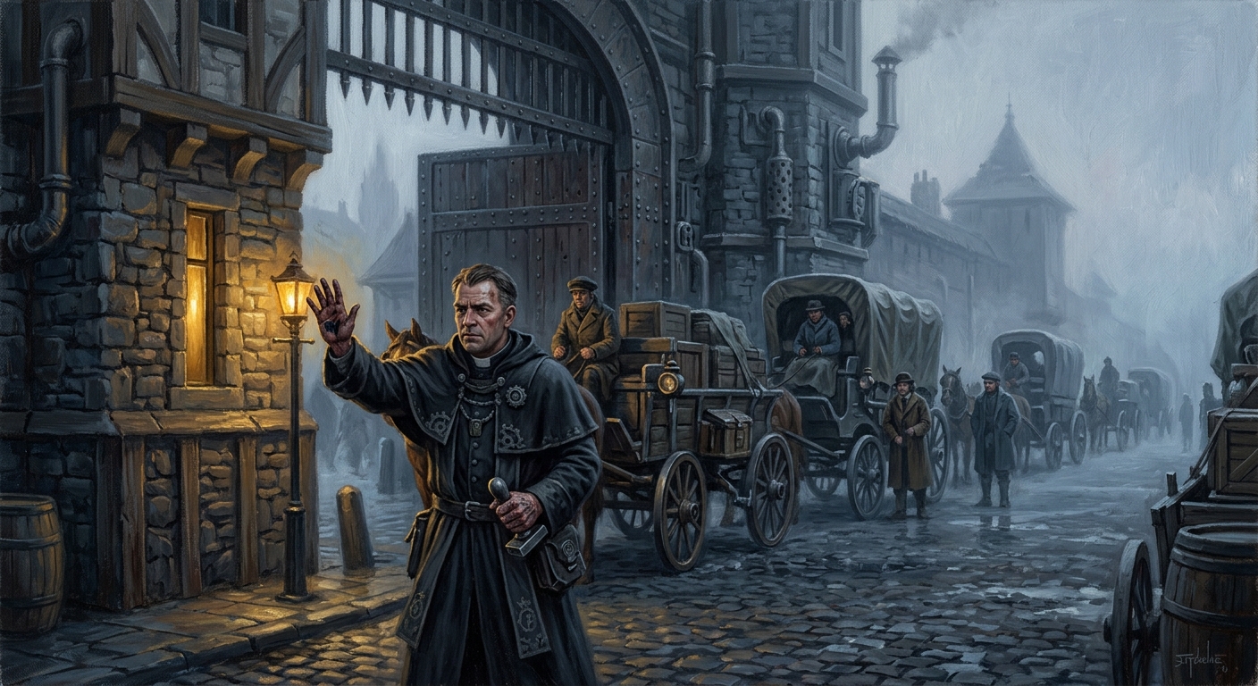 A Gatewarden-Notary raises one ink-stained hand to halt a convoy at a Synod bastion gate at grey dawn