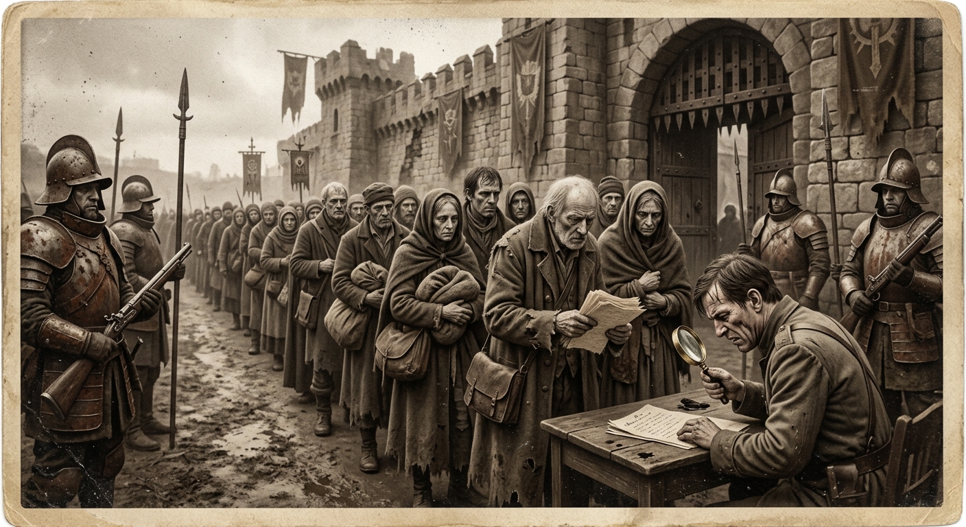 The unverified lane at a bastion gate — a long slow queue of grey-faced travellers