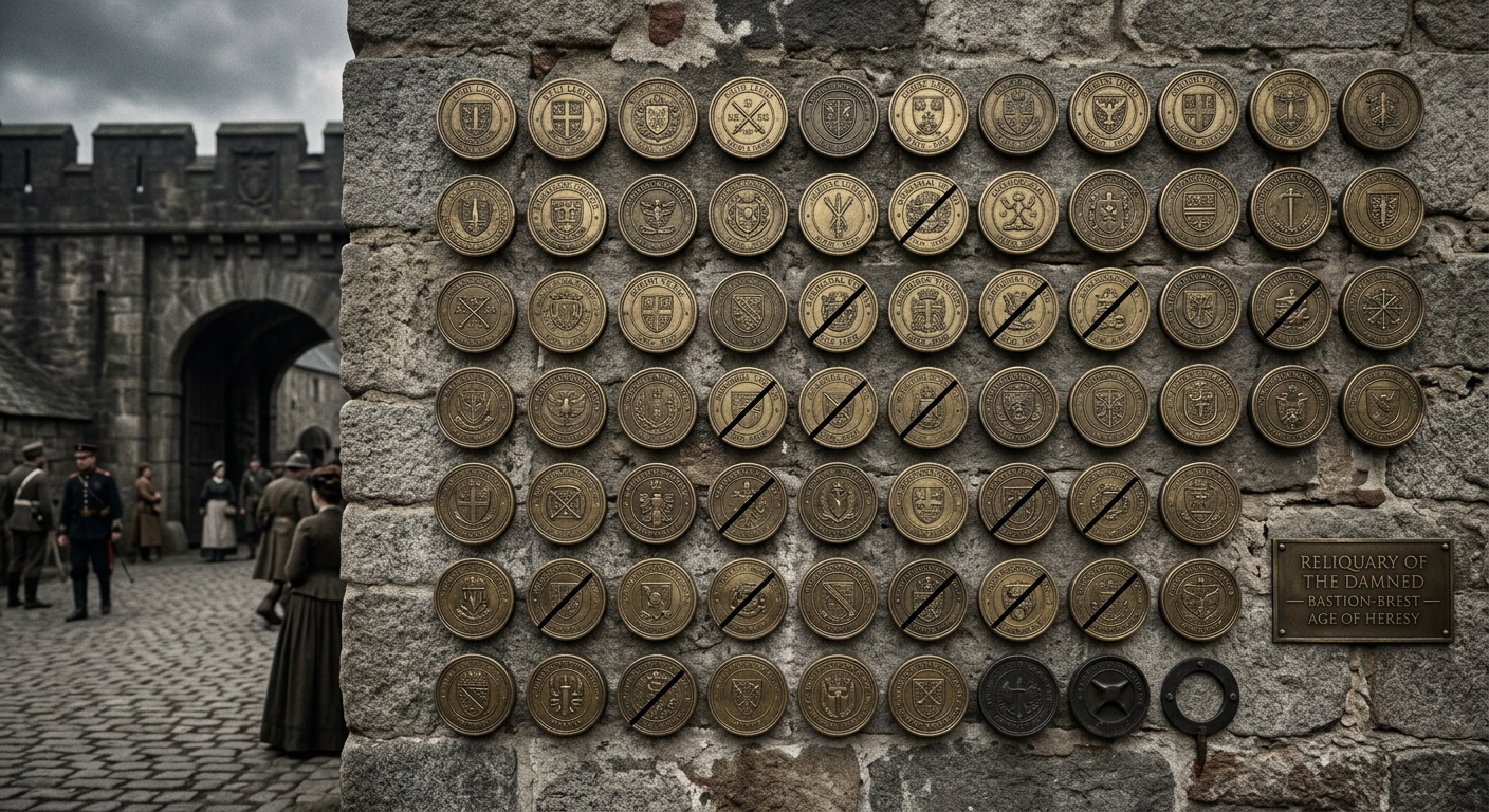 One hundred and forty-seven brass seal heads mounted on the gatehouse wall at Bastion-Brest, nineteen struck through