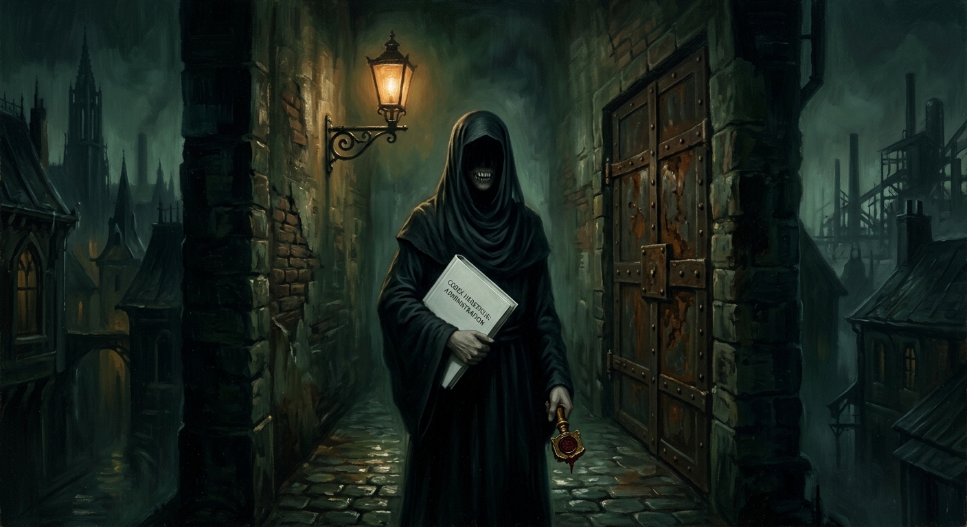 A gauze-masked figure stands at the end of a midnight corridor in Strasbourg, white ledger under one arm, gas lamp silhouetting the veil