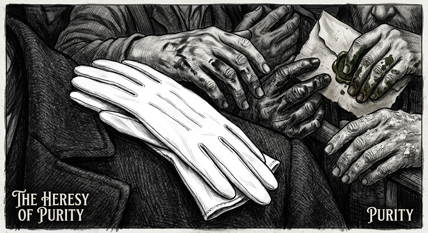 An extreme close-up of impossibly clean white gloves against a dark coat, every surrounding hand stained with ink and grease