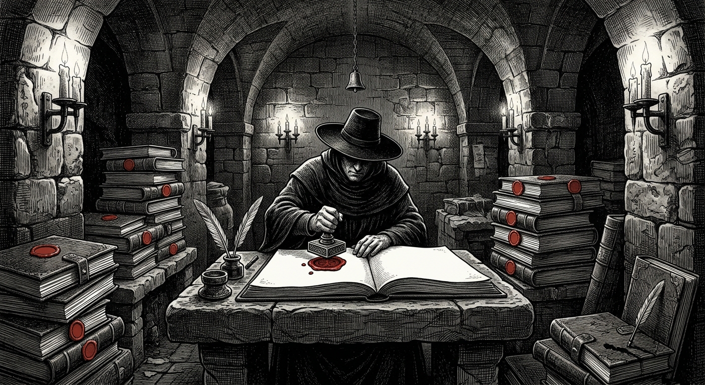 An Omission Notary presses a blank wax seal onto an empty folio page, stacks of sealed empty folios surrounding the stone desk