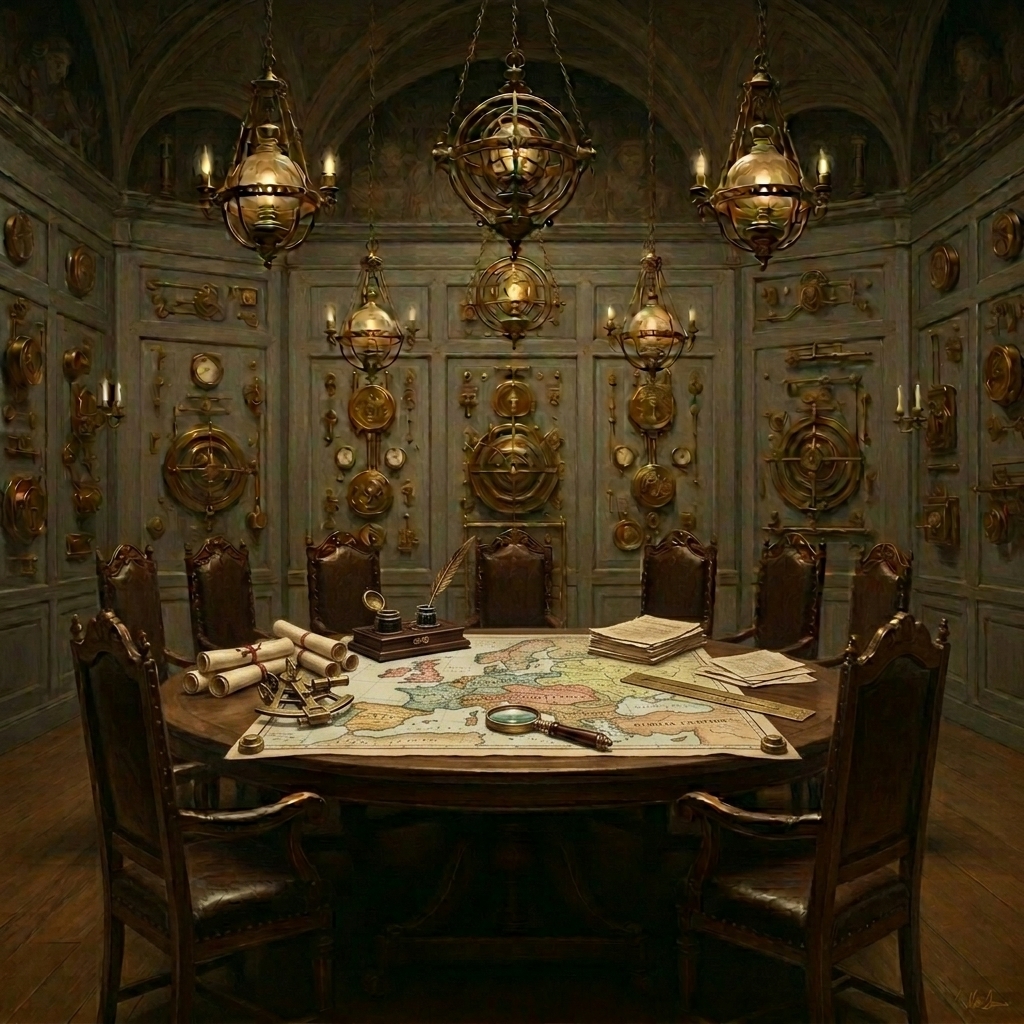 The stripped Imperial Palace council chamber in Vienna — nine empty chairs at a great oak table, brass orreries and measurement instruments where crucifixes once hung, cipher letters sorted by lunar phase spread across the table, not a face visible