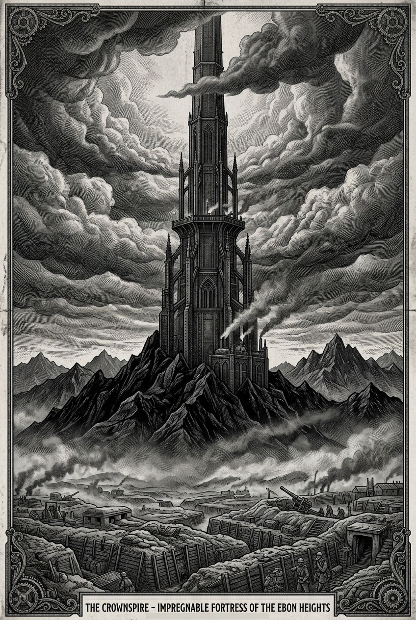 The Crownspire rising from the Ebon Heights into storm clouds