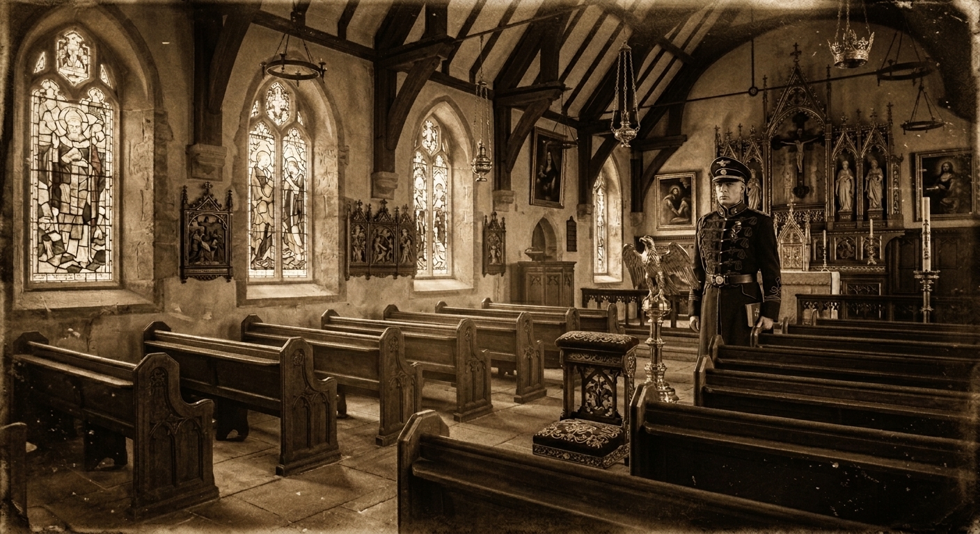 An empty chapel nave, a lone rigid figure at the pulpit addressing no one