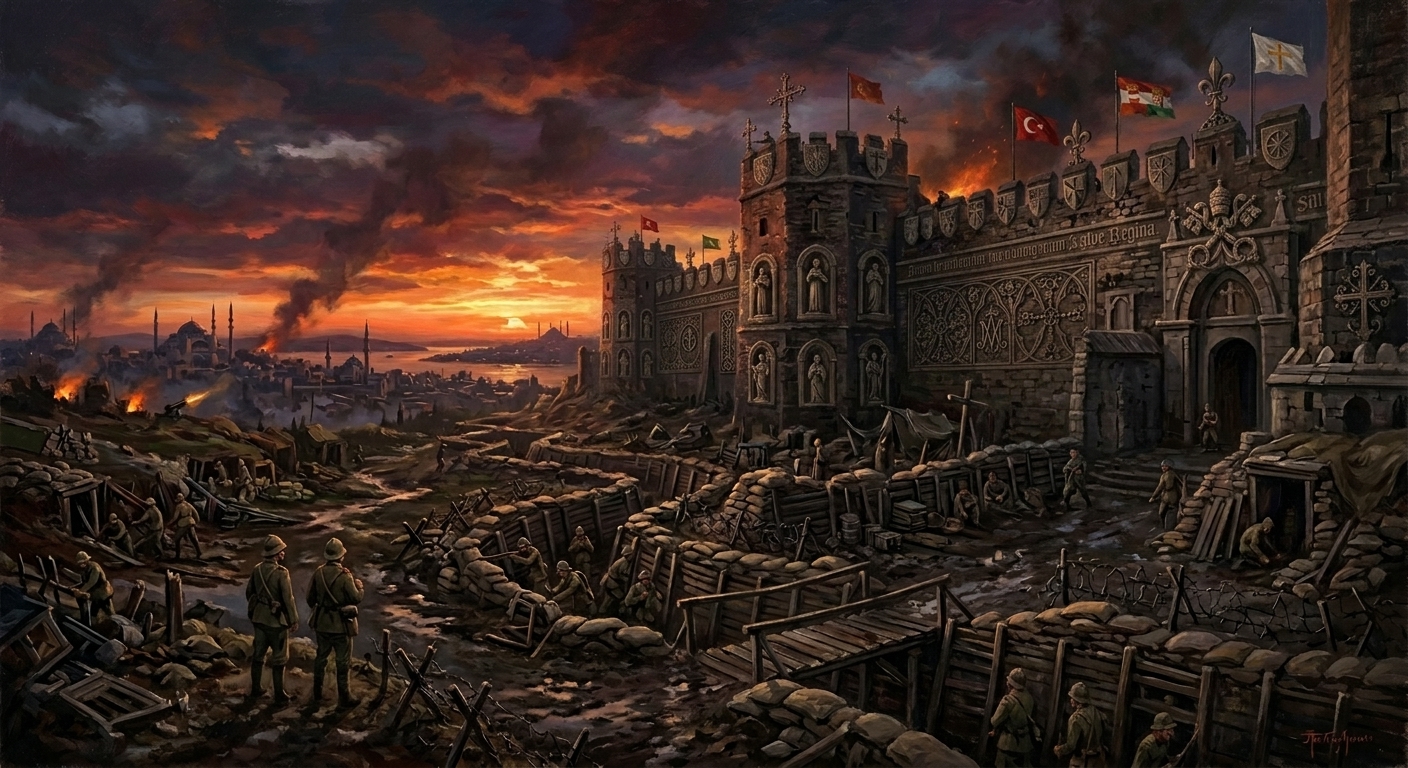 A panoramic woodcut of Bastion-Constantinople at dusk, cathedral spires overlapping trench lines, artillery flashes along the northern wall, a procession of Wardens moving along the parapet.