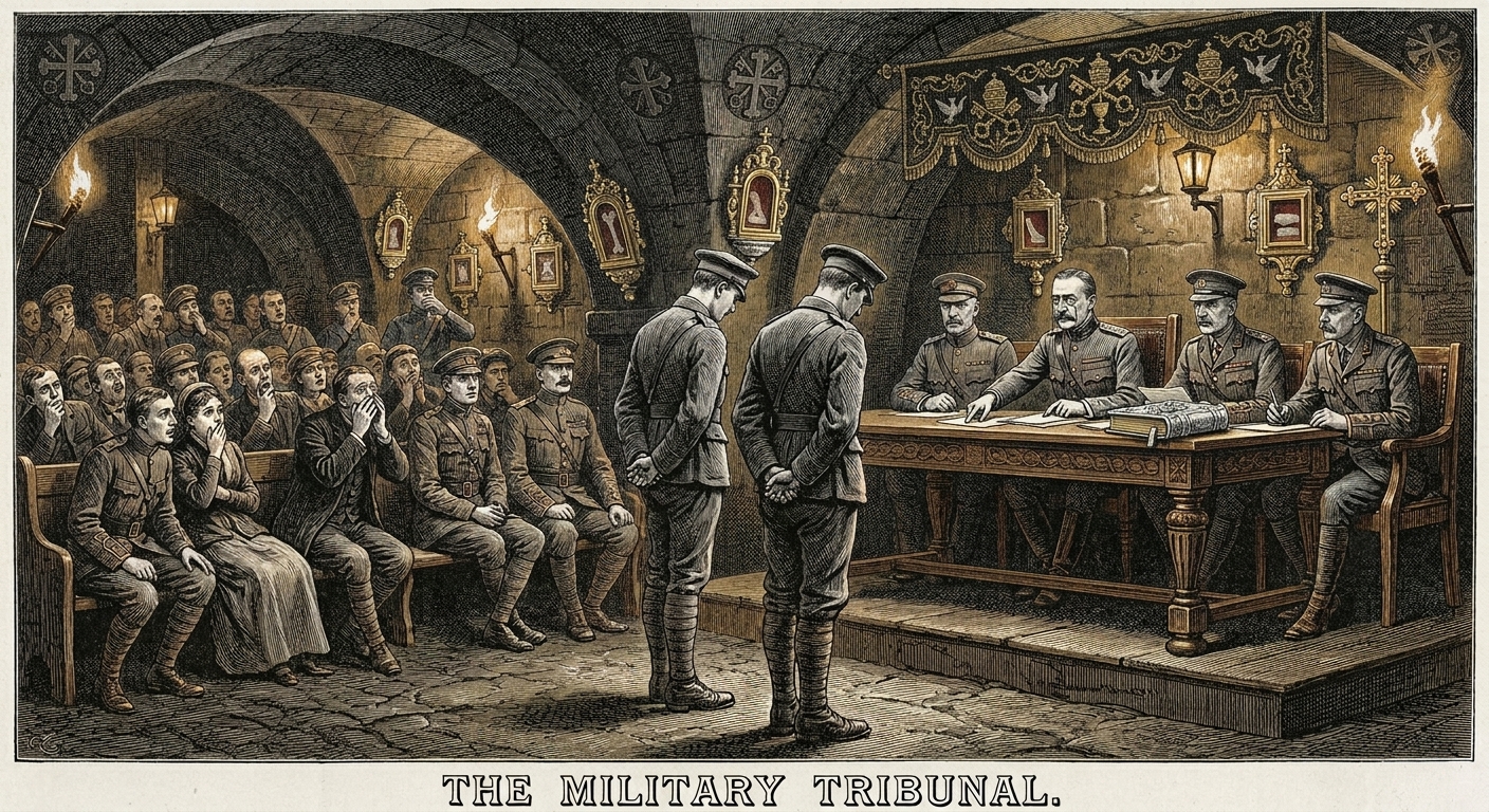 The Twinning tribunal — two identical soldiers stand before magistrates on stone benches, witnesses in the gallery staring in horror