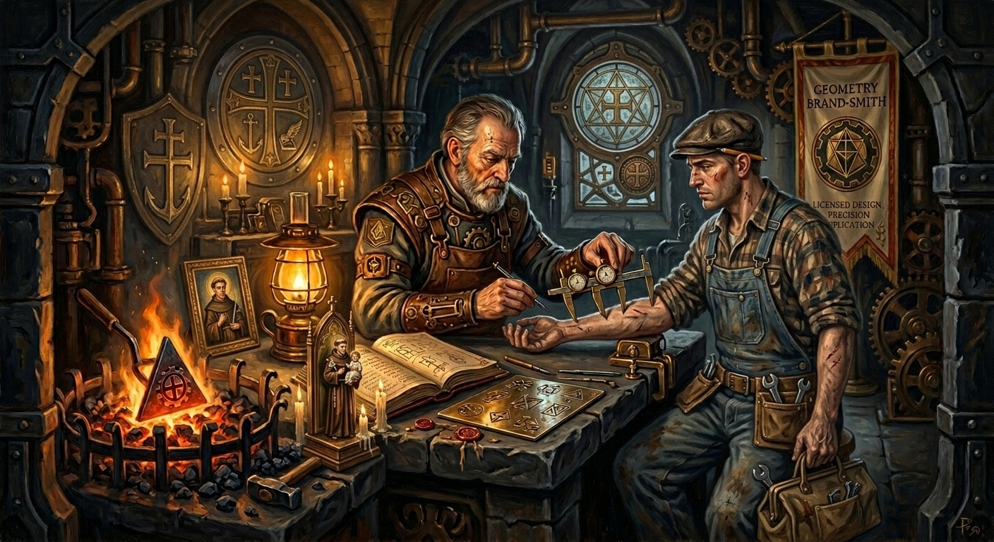 A Geometry Brand-Smith at work in a licensed brand chapel, measuring frame clamped to the subject's forearm, triangle iron heated at a coal brazier, swatch plate and witness seals on the stone desk, army ledger open, amber lamp-light