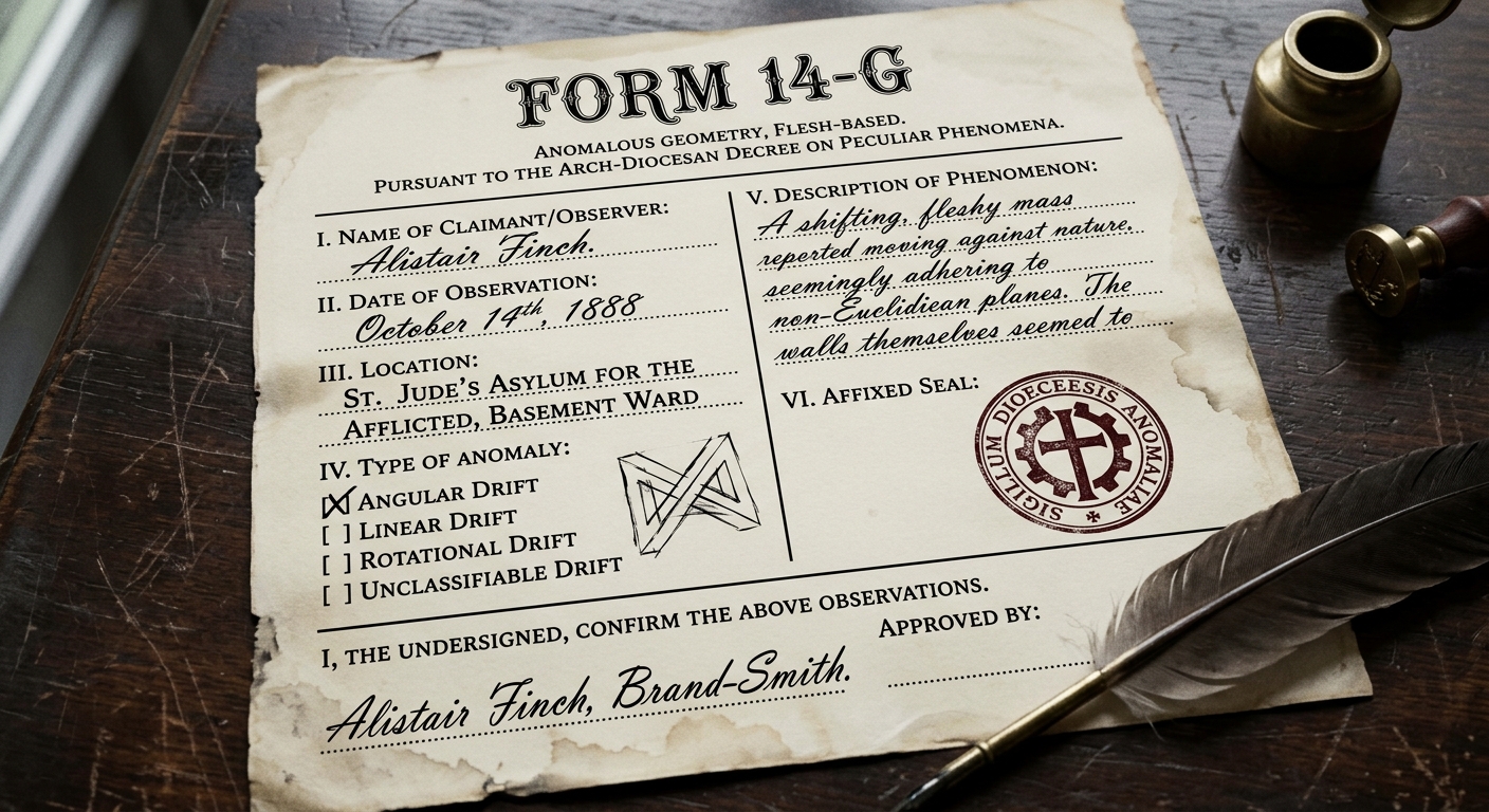 A Brand-Smith holding a lantern close to a client's cheek in a quarantine cell — the branded triangle has drifted, angles unequal, a phantom fourth point emerging in the flesh, the Brand-Smith's expression neutral above his Form 14-G clipboard