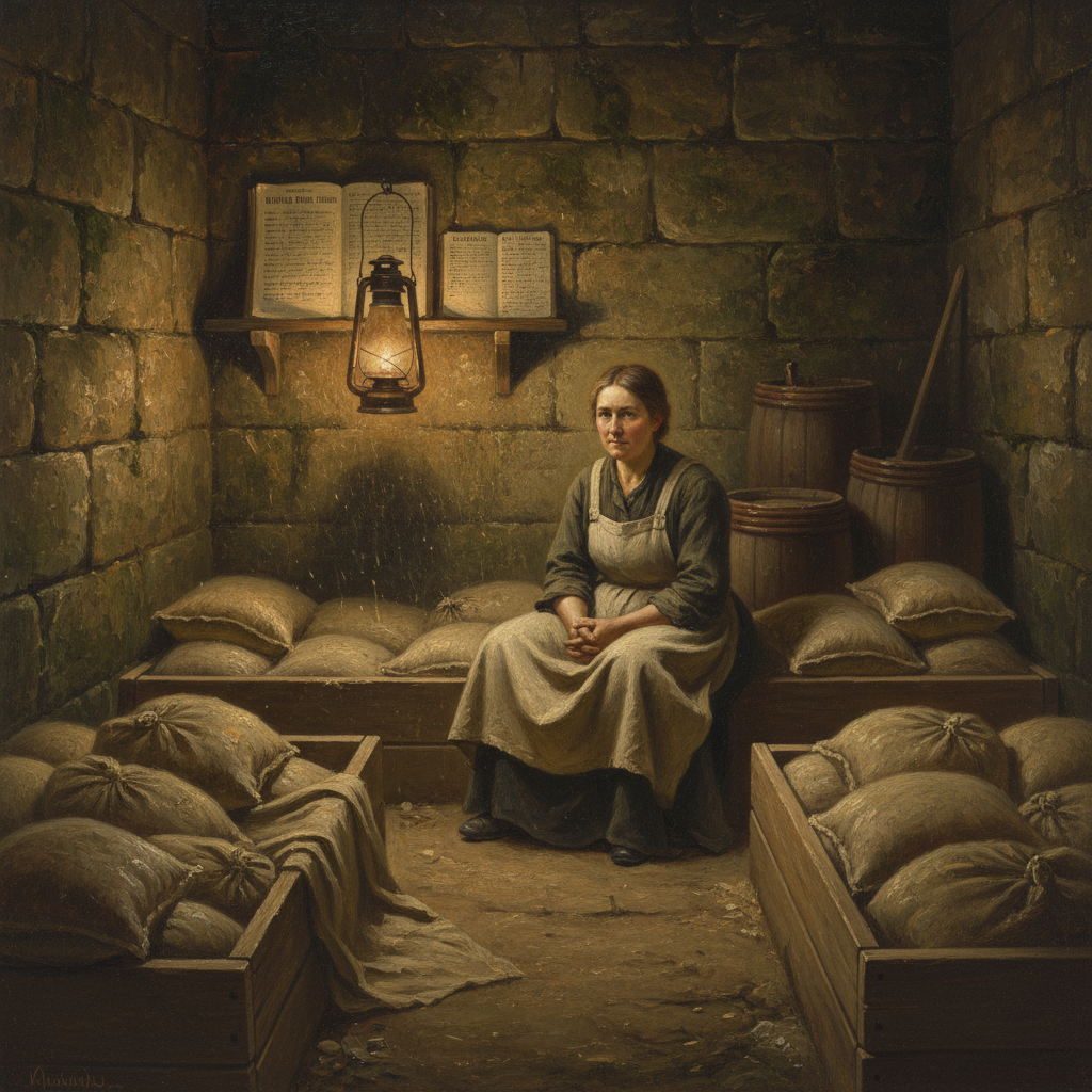 A Grain Keeper woman in heavy linen apron crouches in a hidden cellar, surrounded by waxed-cloth grain sacks in false-bottom bins, lantern light catching grain dust in the air, two ledgers open on a rough shelf — one official, one not.