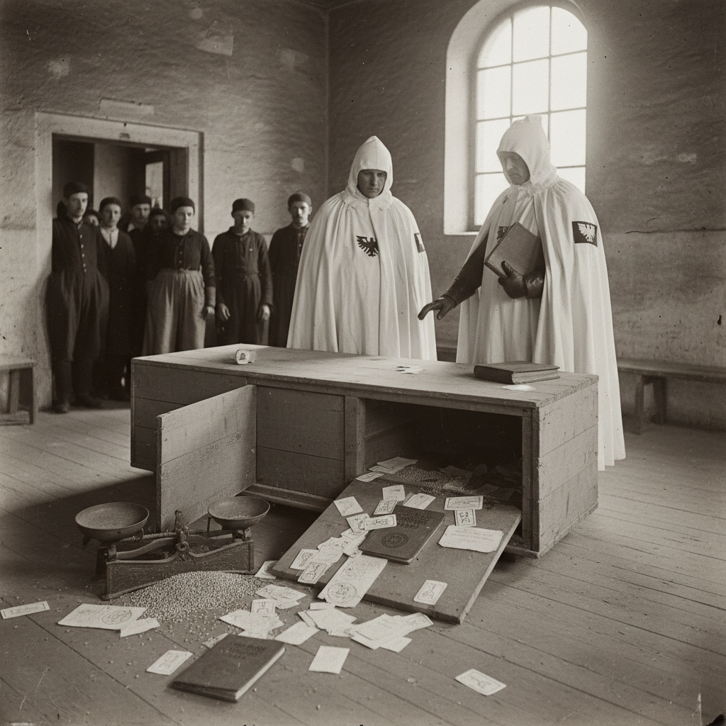 Two white-mantled Bureau of Purity officers stand before an overturned false-bottom bin at a ward granary, ration ledgers and stamped chits scattered on the floor, bystanders watching from the doorway with carefully neutral expressions.