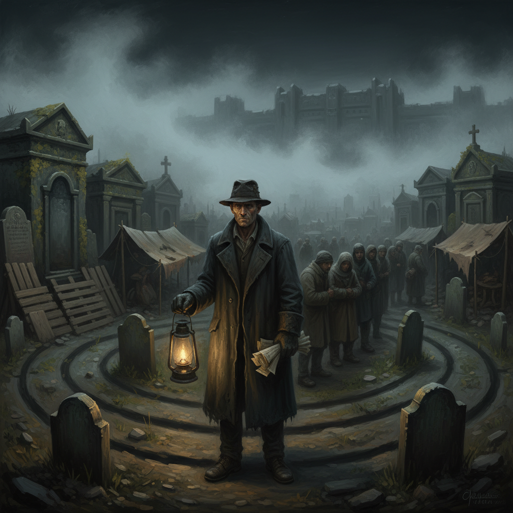 A Grave-Field Shanty Broker holding a lantern and forged caretaker permits among rows of headstones at night, lean-to shelters built against mausoleum walls behind him, a queue of refugees waiting in the lamplight.