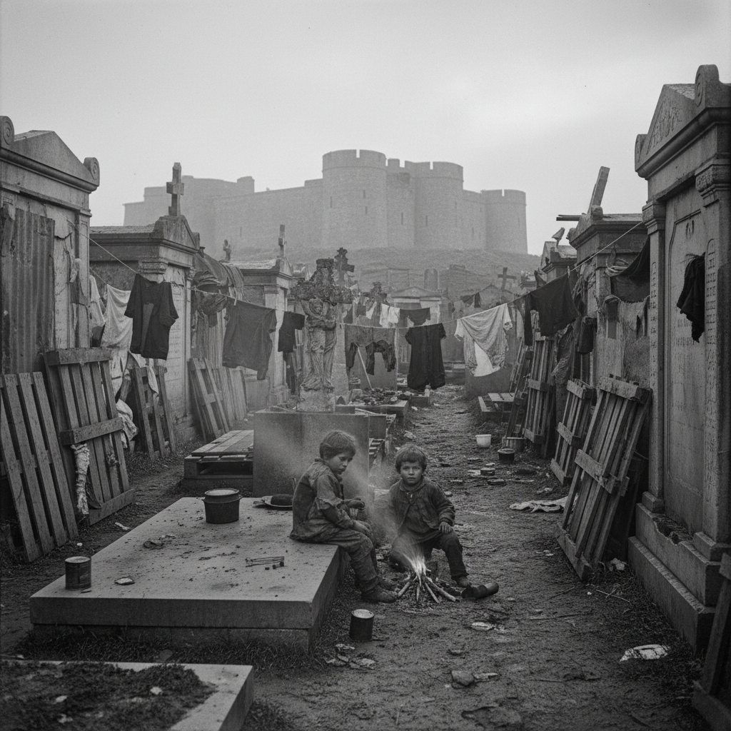 A shanty lane in grave-rings at dawn, makeshift shelters between headstones and mausoleum walls, laundry strung between grave markers, two children near a cookfire on a flat tombstone.
