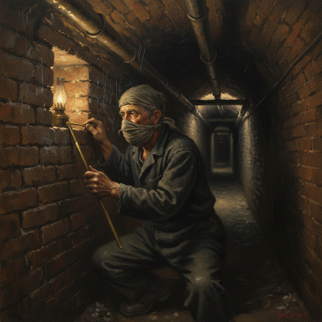 A Joint-Mender in a brick crawlspace beneath the Constantinople Warrens, brass listening rod pressed to a clay pipe joint, vinegar-rag mask over his face, small oil lamp wedged in the brickwork casting amber light into the darkness ahead.