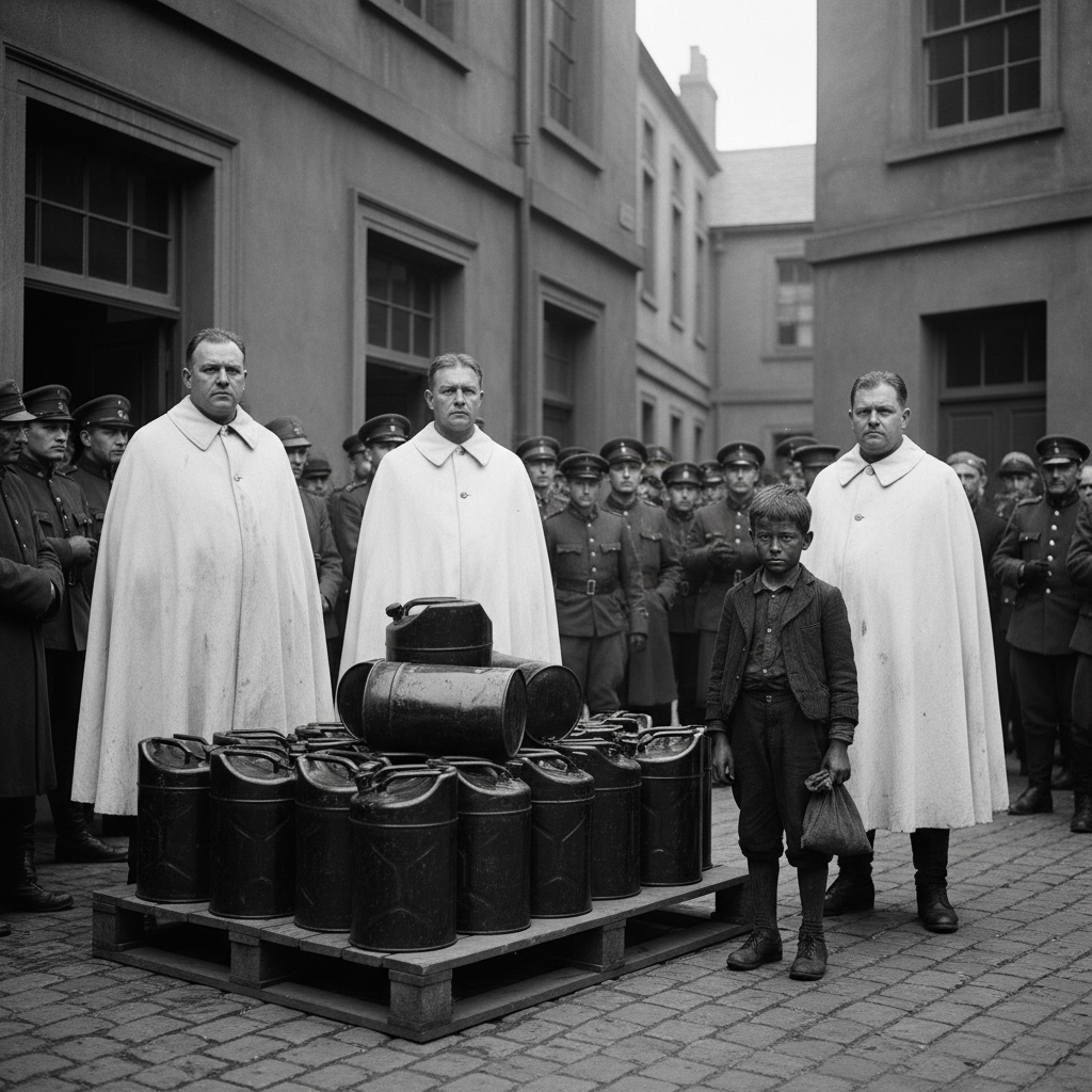 White-mantled Bureau of Purity officers parading seized black diesel canisters in a garrison market square, a coal-blackened Soot-Boy between two guards, the crowd watching from doorways with carefully neutral expressions.