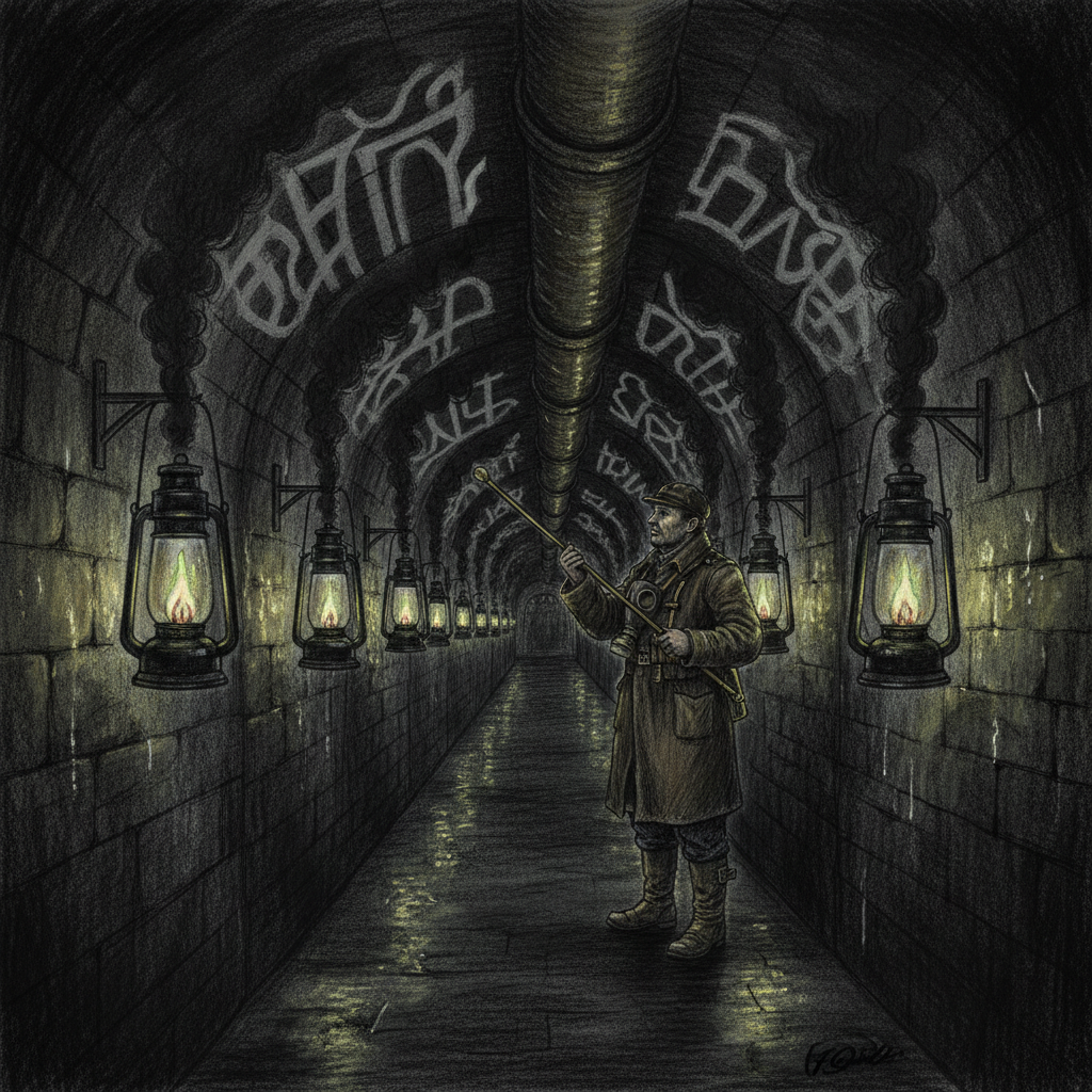 The Skopje Lantern Warrens underground corridor at night, black diesel lamps burning with an uneasy glow, faint hymn-patterns forming in the dark smoke above them, a lone Pipe-Runner at the far end with listening rod raised.