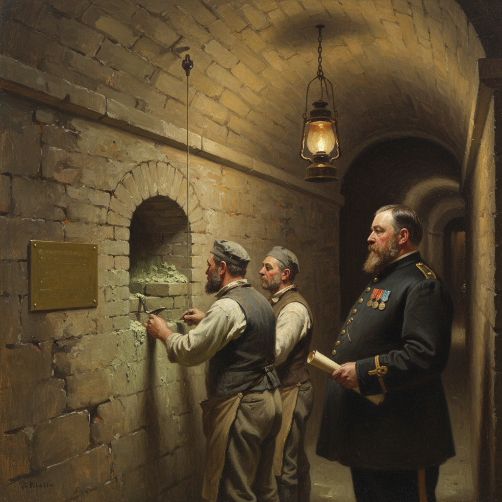Two masons laying the final closing courses of an immurement niche on a trench curtain wall, lime-and-bone-ash mortar, brass plaque affixed, plumb line from the lintel, amber lamp-light in a vaulted stone corridor, WWI institutional atmosphere