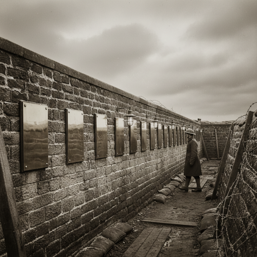 The Murmur Line at a forward bastion — long stone curtain wall with brass plaques at eye level in sealed niches, frost on mortar seams, trench-lamp sconces between the niches, a soldier walking past