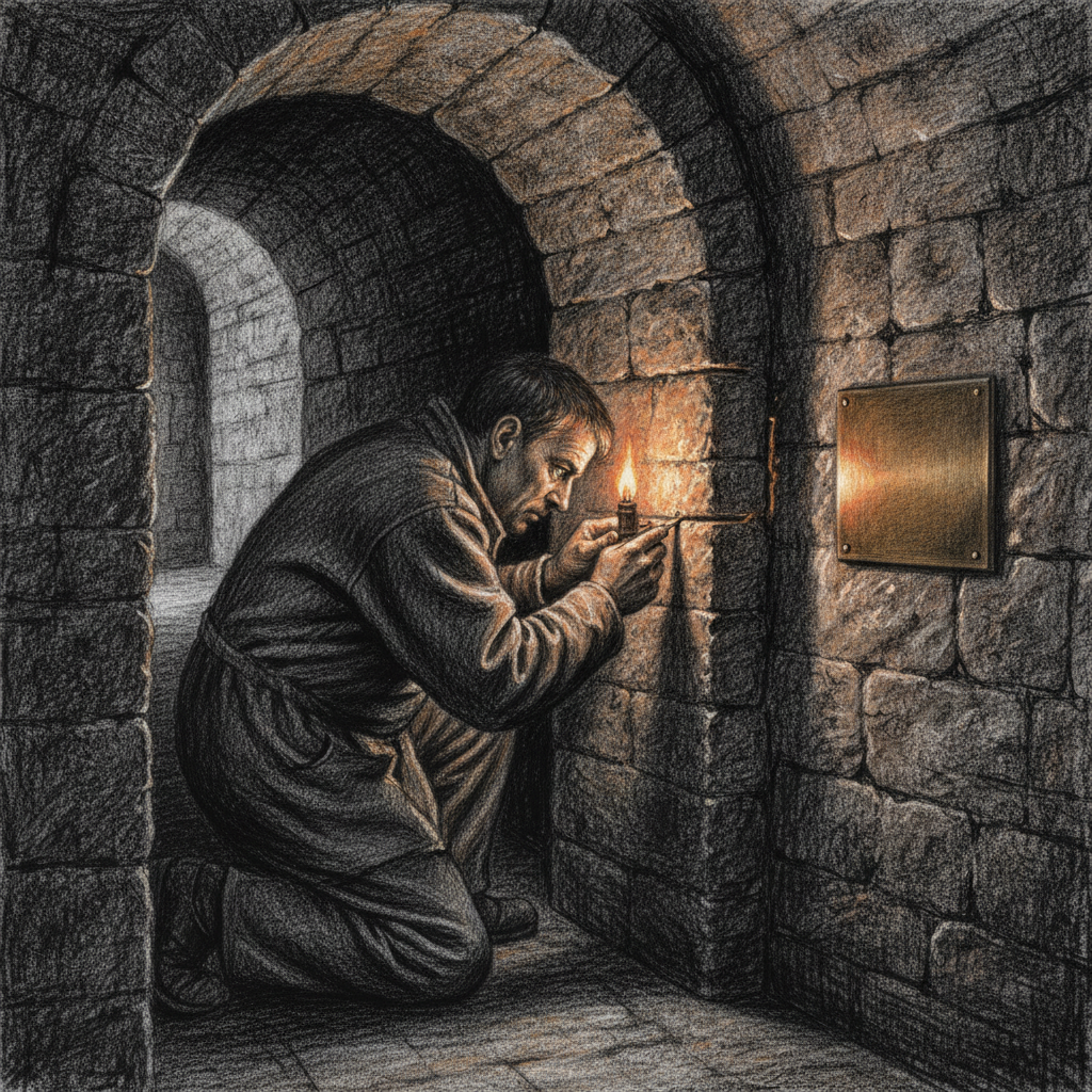 A mason working by lamplight in a sealed niche corridor, body blocking the passage entrance, thin tool angled into finished mortar seam routing a concealed breath-thread