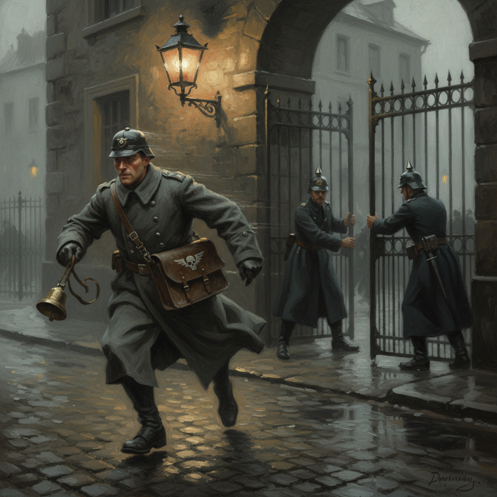 A Damnatus Express Runner sprinting through curfew fog in a Rhineland city street at night, grey greatcoat, sealed packet satchel across his chest, brass bell hanging silent from his hand, relay-house lamp glowing behind him, gate guards parting