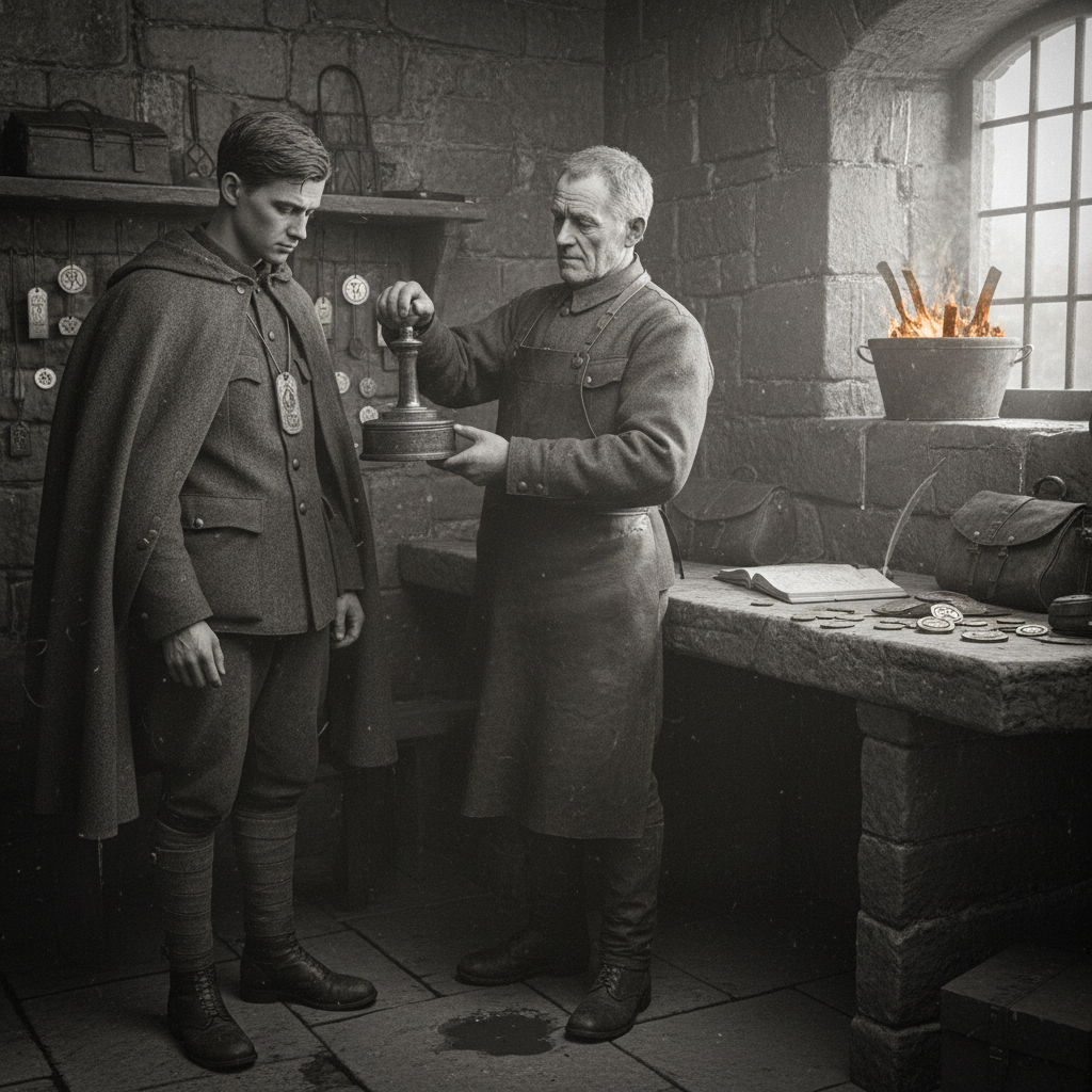 A relay-house keeper stamping a Runner's throat-tag at dawn, tin basin with yesterday's expired strips burning, cipher stamp pressed to the throat-tag with mechanical indifference, satchels and route tokens on the stone desk