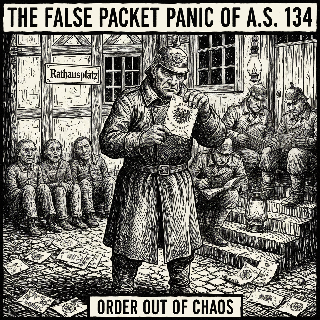A gatehouse guard examining a sealed Index packet by lamplight, four citizens arrested against a Rhineland wall, Bureau of Purity clerks with open ledgers on the steps, counterfeit and authentic packets indistinguishable in the chaos