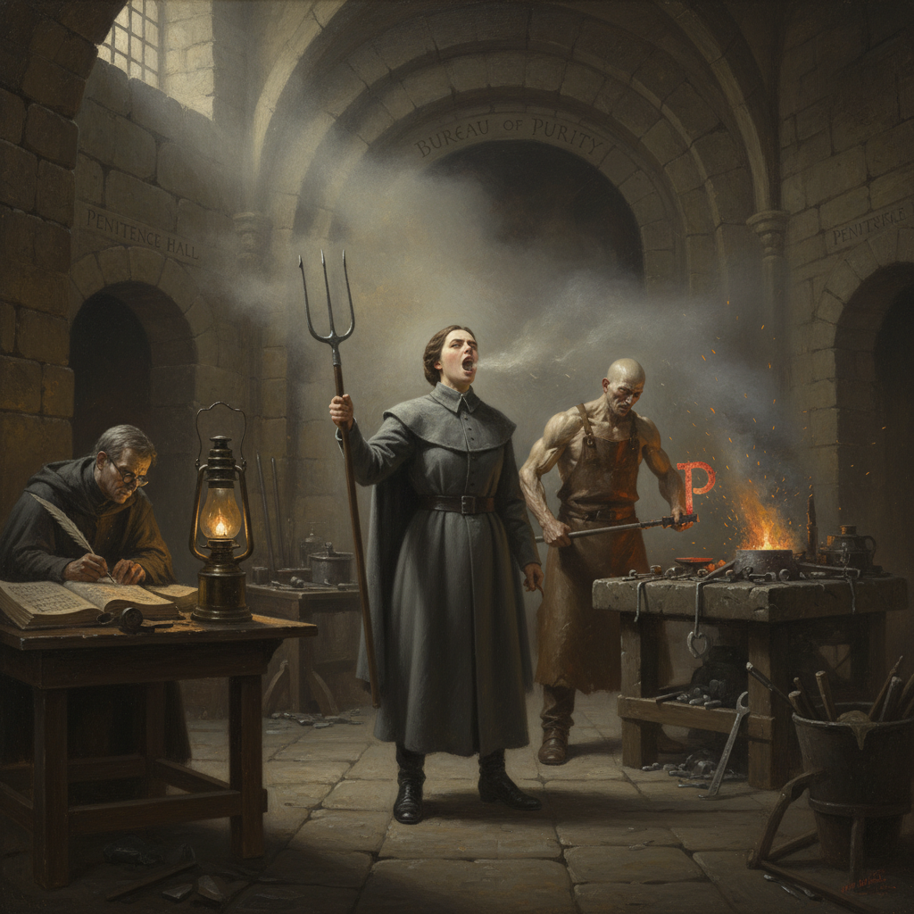 A Brand-Singer in grey vestments holds a sustained note in a vaulted penitence hall, pitch-fork raised, mouth open mid-drone, the Brand-Smith's iron visible behind her, scribe at a side table with log open, amber lamp-light through metal-smoke