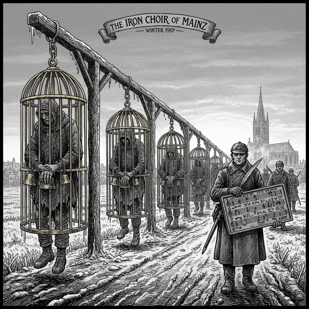 The Iron Choir of Mainz — hanging cages along a frost-covered road at dawn, condemned figures in each cage with brass bells tied to wrists, a Brand-Singer walking the line in a heavy coat with a notation board, grey overcast sky