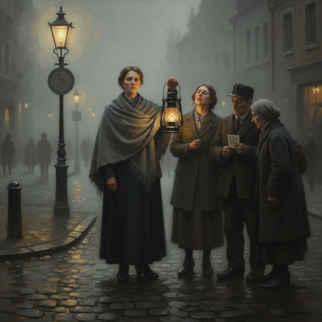 A Licensed Consolator in grey wool stole holds a Bureau-stamped amber lantern at a foggy curfew crossing. Three civilians cluster around her in the Rhineland fog — a hollow-faced woman listening, a man clutching a ration card.