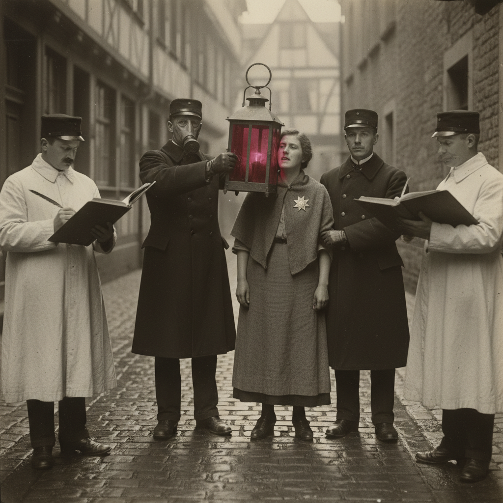 A Red Lantern squad conducts an illumination arrest in a Rhineland alley. A detained Mercy Preacher stands between two Bureau of Purity officers, cheek pressed toward the crimson lantern glass. Clerks record the citation.
