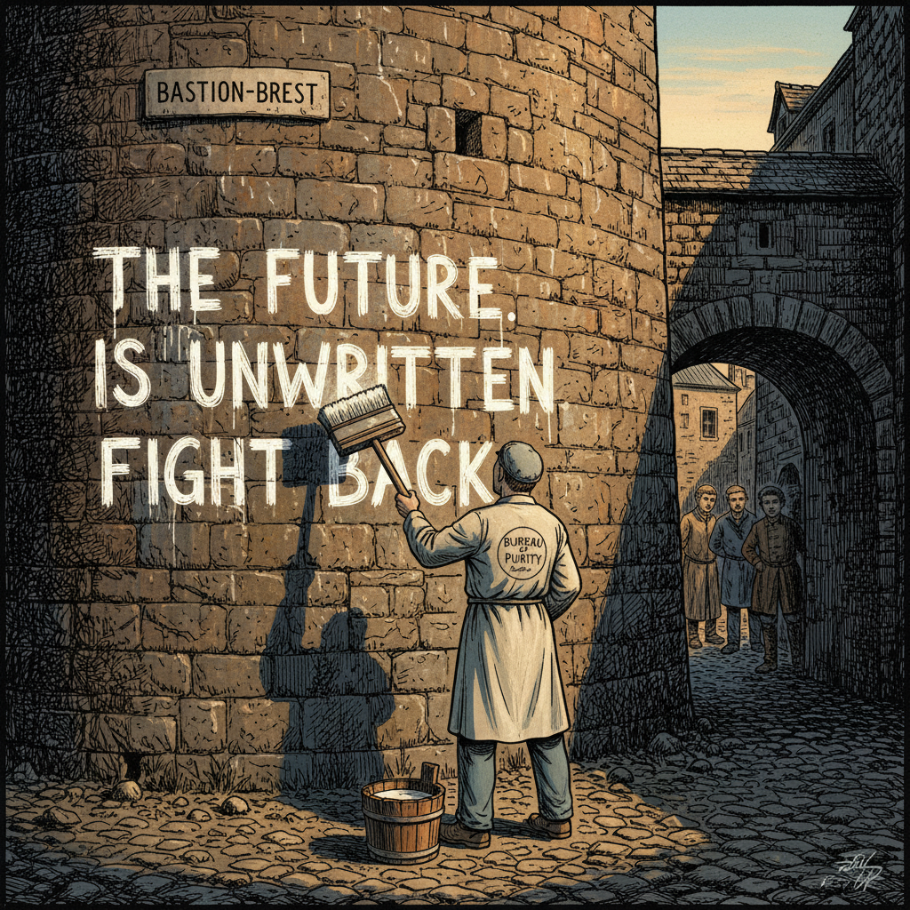 A Bureau of Purity painter whitewashes a ward wall at Bastion-Brest bearing Preacher Lira Voss's chalked sentence. The words bleed through the fresh paint. A small crowd watches from a doorway.