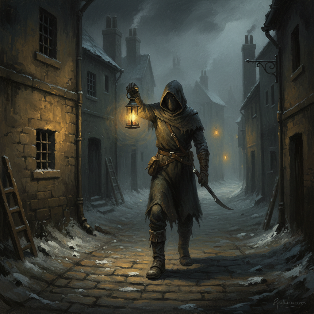 A Lantern Brotherhood Vigilante on a night curfew patrol through a narrow bastion-city alley, ash-oil lantern raised at shoulder height, blade at his belt, two other Brotherhood lanterns forming the Triangle of Witness behind him in the fog
