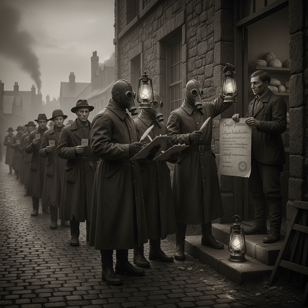 Circle of Nine Wicks operatives with lanterns and citation slates at a bread hall entrance at dawn, a stallholder presenting a light permit certificate, a queue of civilians stretching into grey morning light