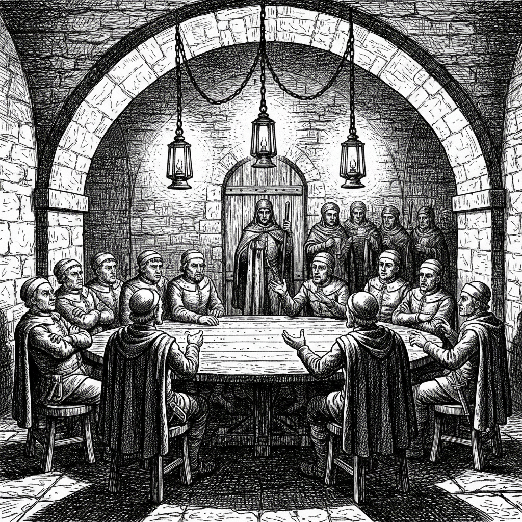 Brotherhood Circle-Captains at a lantern-lit table in a vaulted cellar during the Cologne Schism of A.S. 178, Ward-Soothe Purists and Lantern Loyalists on opposing sides, three lanterns casting three separate shadows across the argument
