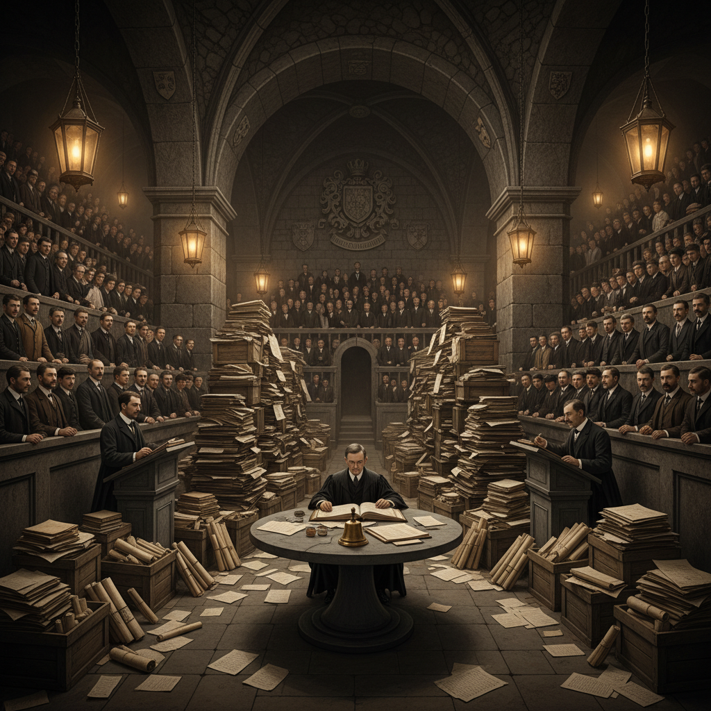 The Registry Court of Strasbourg — two Citation Advocates at opposing stone lecterns buried under crates of scrolls, a presiding clerk at the central table with court bell, tiered gallery seats packed with spectators, amber gas-lamp light