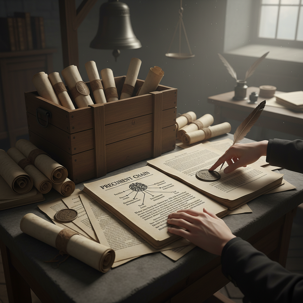 A Citation Advocate's documentation crate mid-duel — scrolls and seal-impressed folios fanned across a stone lectern, advocate's fingers marking three places at once, precedent chain notation in heavy ink