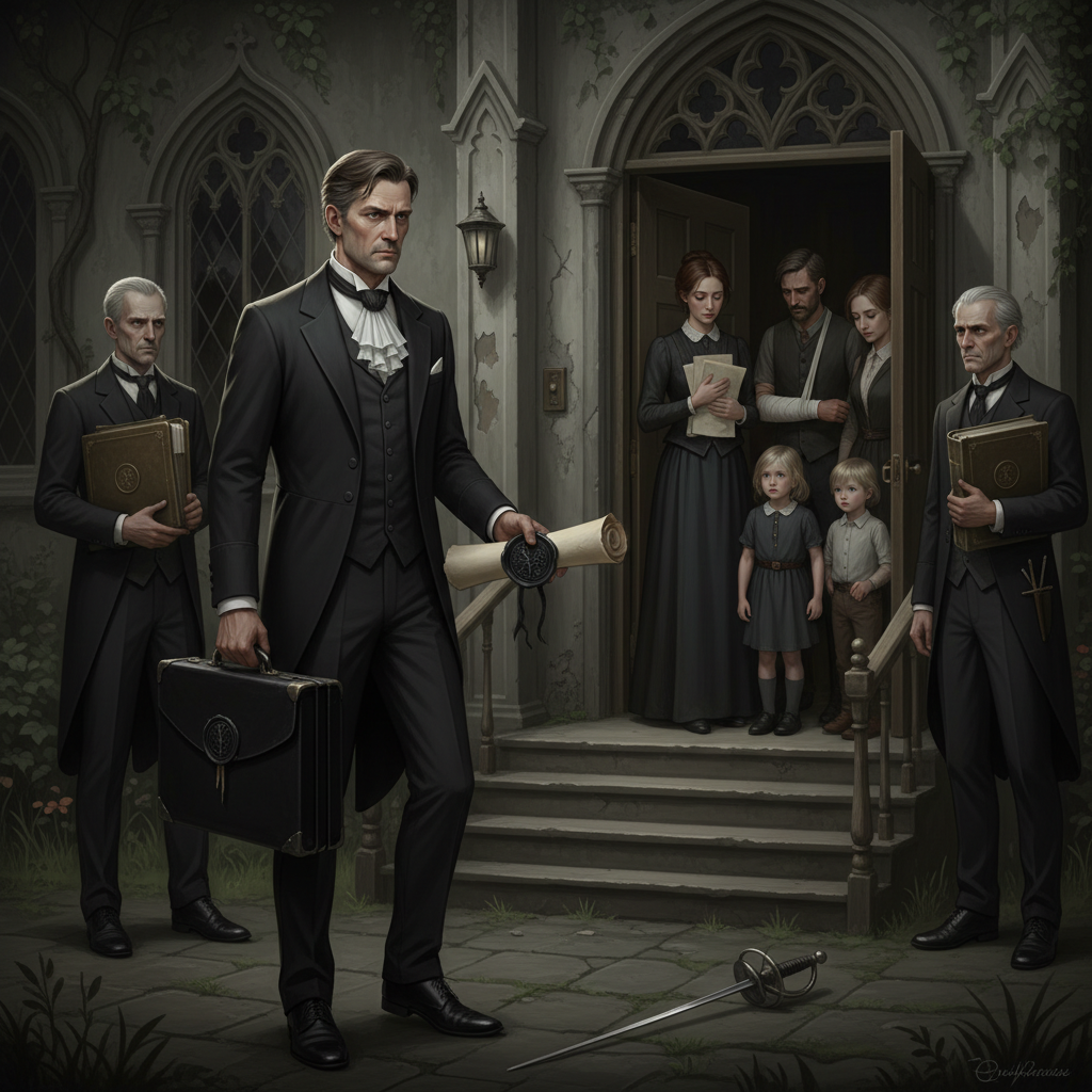 An Erasure Notary arriving at a residence after a duel loss — black-sealed stamp case in hand, two clerks with ledgers behind him, a family at the doorway clutching papers, the particular stillness of a name about to end