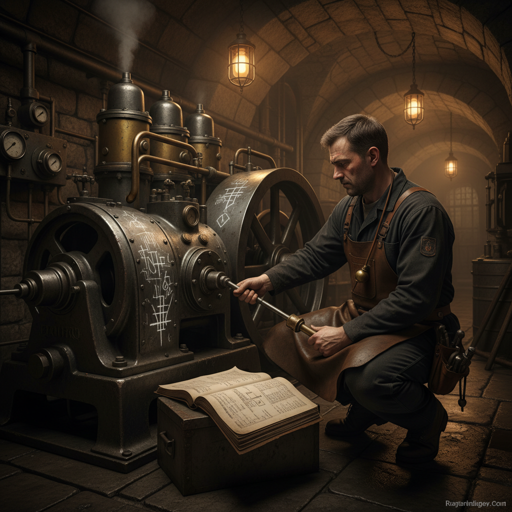 A Litany-Engineer crouched over a massive diesel generator in a vaulted stone vault beneath Bastion-Irongate, torque wrench in one hand, battered chant codex propped open beside the housing, chalk wards on the casing, amber lamp-light