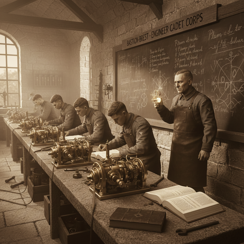 Apprentice Litany-Engineers at long workbenches in the training shed at Bastion-Brest, chant codices open beside disassembled generator components, an instructor walking the line with a timing gauge