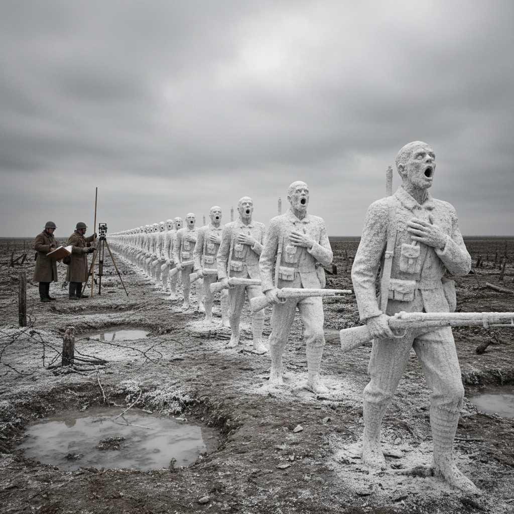 A line of calcified salt statues in march formation across No-Man's-Land, mouths open mid-hymn, a Bureau of Engineering assessment team in the far distance with ledgers