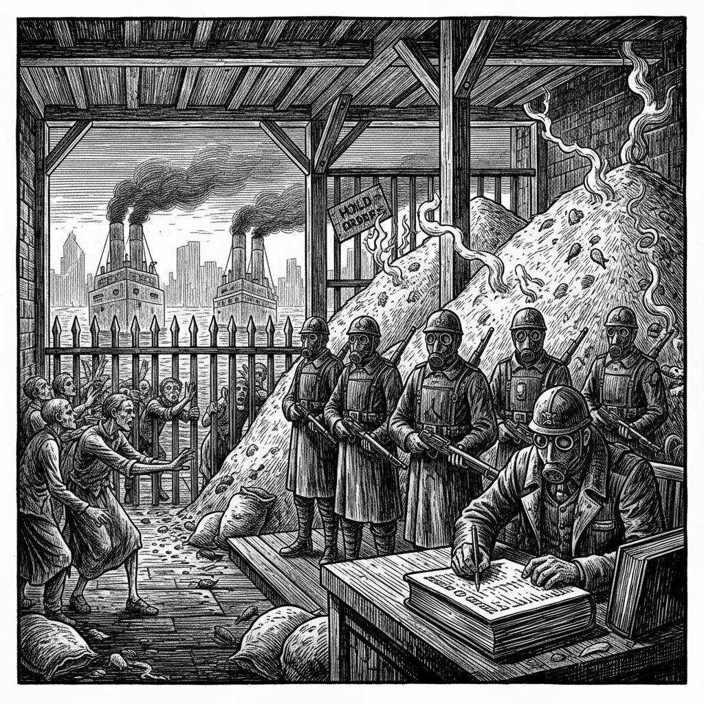 Rotting grain held under dispute at Varna while civilians press at barriers and Bureau clerks maintain the ledgers that justify the delay.