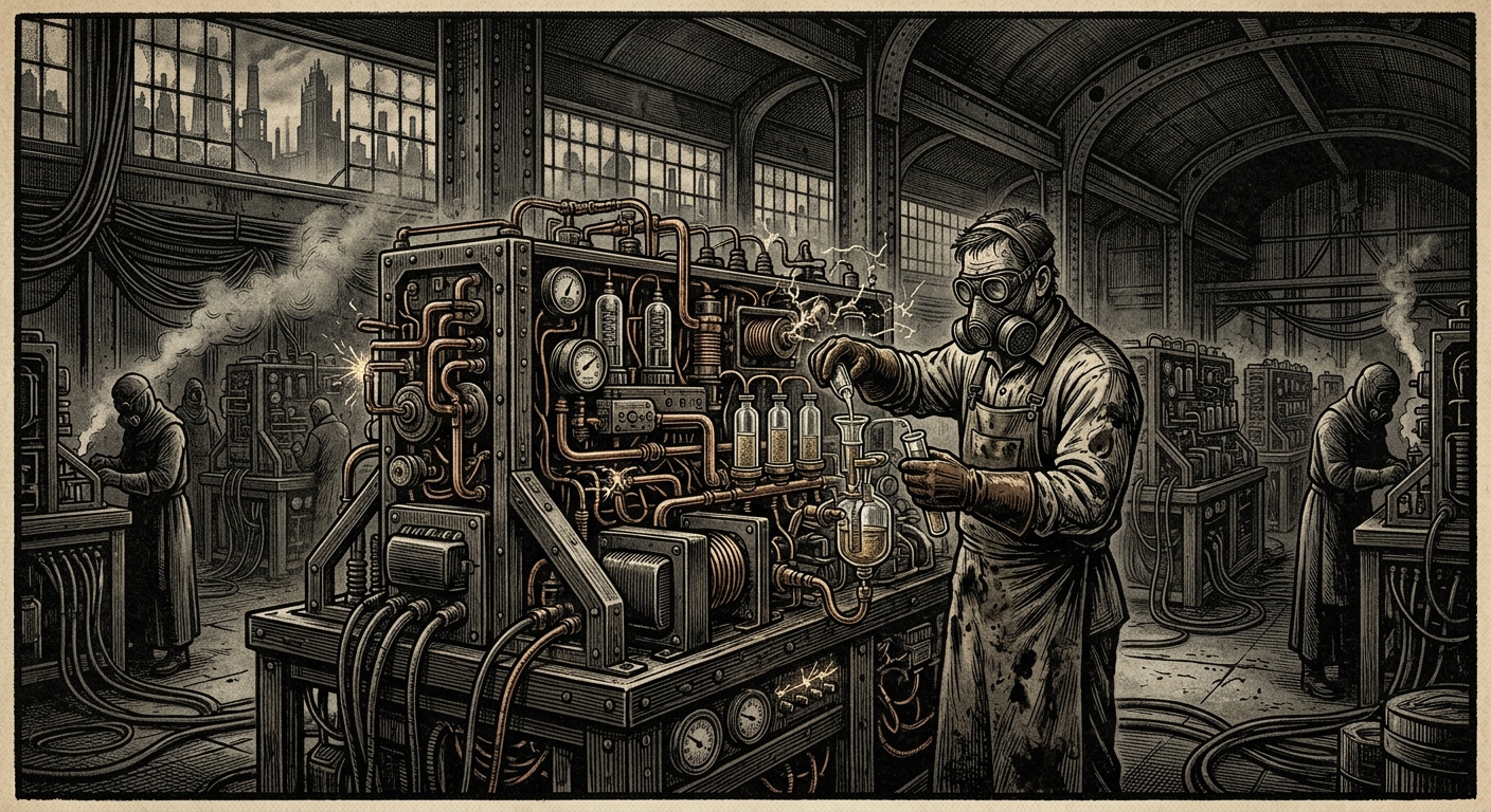Orison Signal Engineer — On the Coil Room, rendered as woodcut.