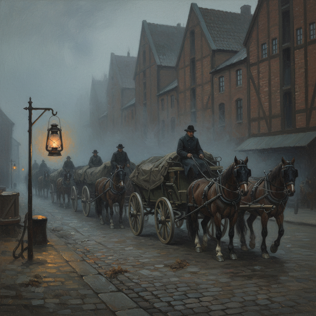 Eleven Night Wagons departing Lübeck harbour at night, wheels wrapped in wet straw, horses hooded, drivers in anonymous greatcoats crossing cobbled quays by a dying lantern in pre-dawn fog
