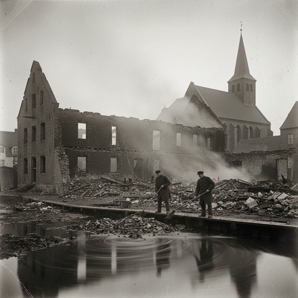 Morning after the harbour records fire, two men in plain coats sweeping ash into the harbour basin, a chapel roof intact above the gutted archive warehouse, grey dawn light