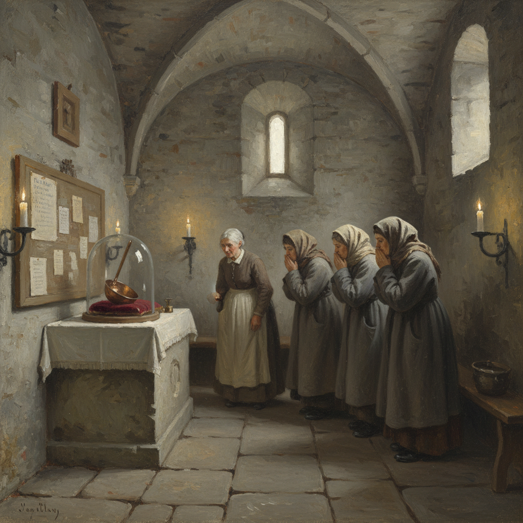 The Chapel of Saint Halva in Mainz — pilgrims queue to kiss a copper ladle in a glass case, a worn-faced Mother of Plenty attending by candlelight in a cold stone ration-hall chapel.