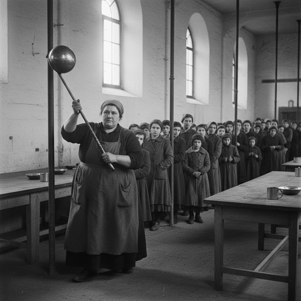A senior Mother of Plenty processes through a stone ration hall on the Feast of Saint Halva, carrying an oversized ceremonial copper ladle, women and children queued behind iron posts in grey winter light.