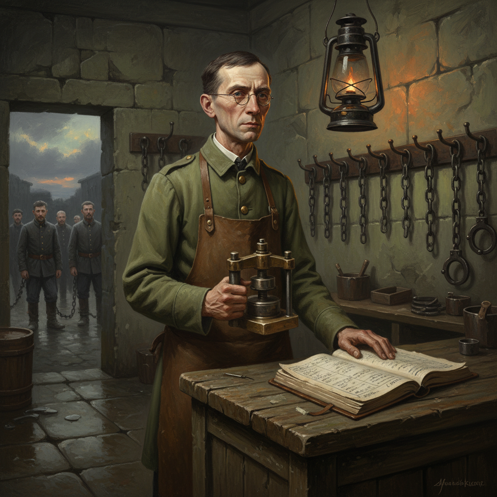 Handler Registrar at an intake counter in a convoy yard, wax press in hand and roster ledger open before him, iron shackle racks on lime-washed walls, condemned men visible through the doorway in the chain yard beyond