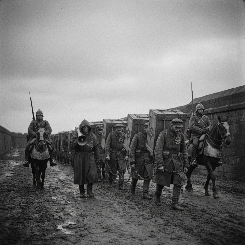 A chained column of condemned prisoners marching in cadence along a muddy bastion road, each bearing a sealed ossuary crate, a hooded hymn-caller walking alongside, Bureau escorts on horseback flanking the column