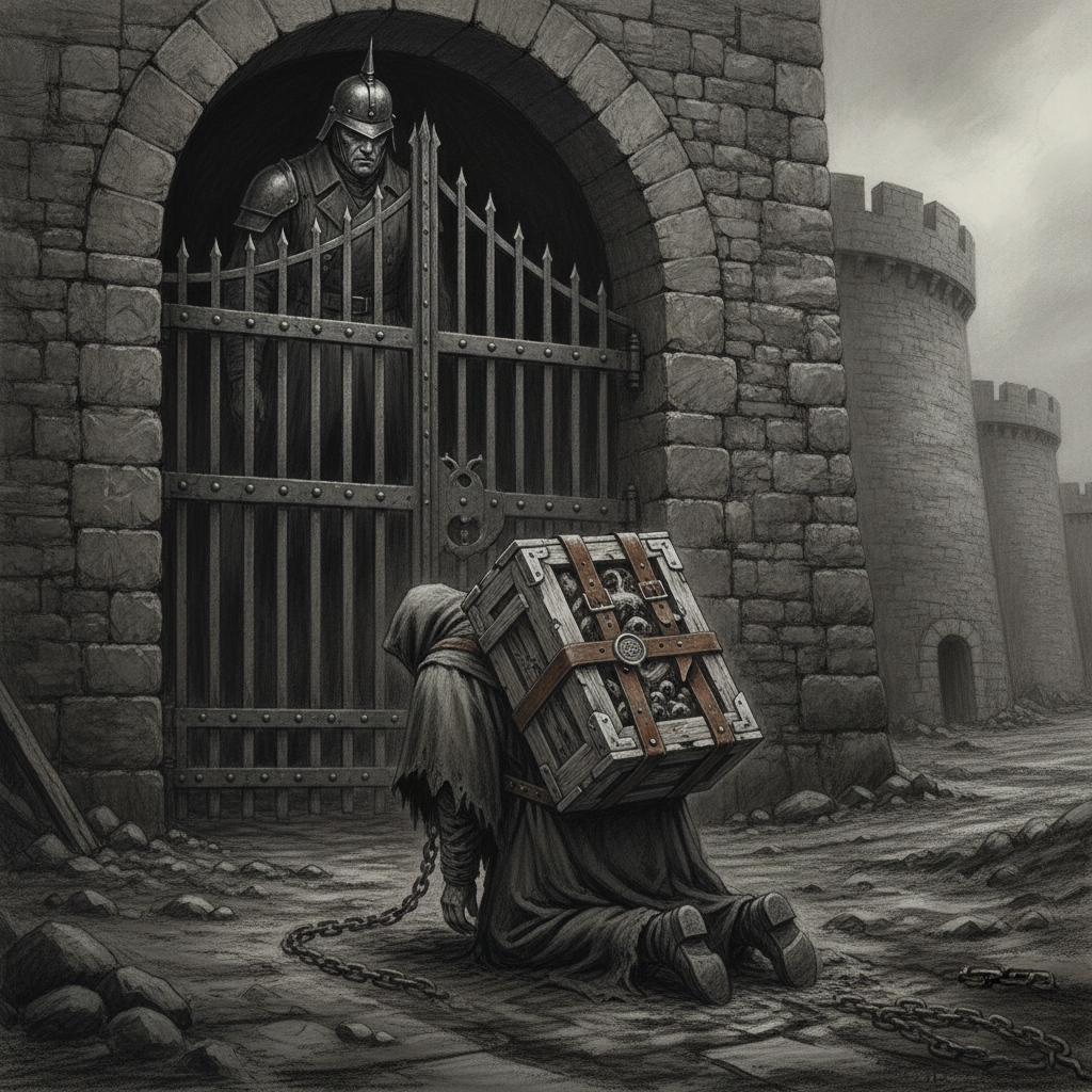 A hooded condemned figure collapsed to one knee at a heavy iron gate, an ossuary crate still strapped to his back, wax seals gleaming, chain dragging in the mud, a gatewarden standing above him at the threshold