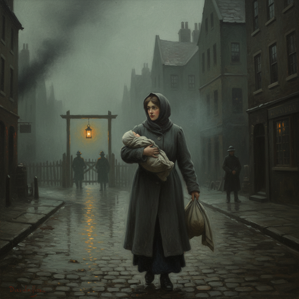 A woman in a plain grey coat crosses fog-dampened cobblestones at midnight, cradling a swaddled bundle against her chest, a dim checkpoint lantern glowing in the distant fog